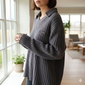 Esprit Women Small Collar Sweater Logo Cable Knit Alpaca Wool Blend Thick& Warm